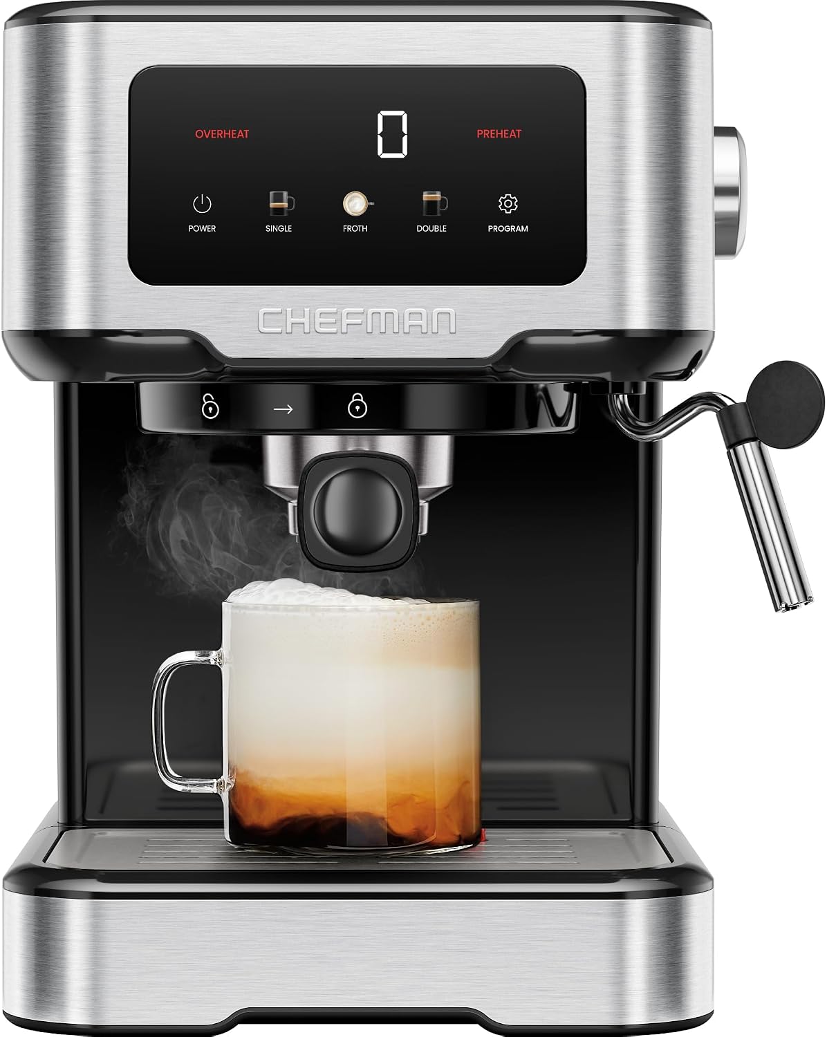 Maszyny do espresso-parowego Chefman – 1.5 l, 15 bar, Srebrny, stal nierdzewna – Ekspresowa maszyna, dotyk, duży zbiornik, wyjmowalny