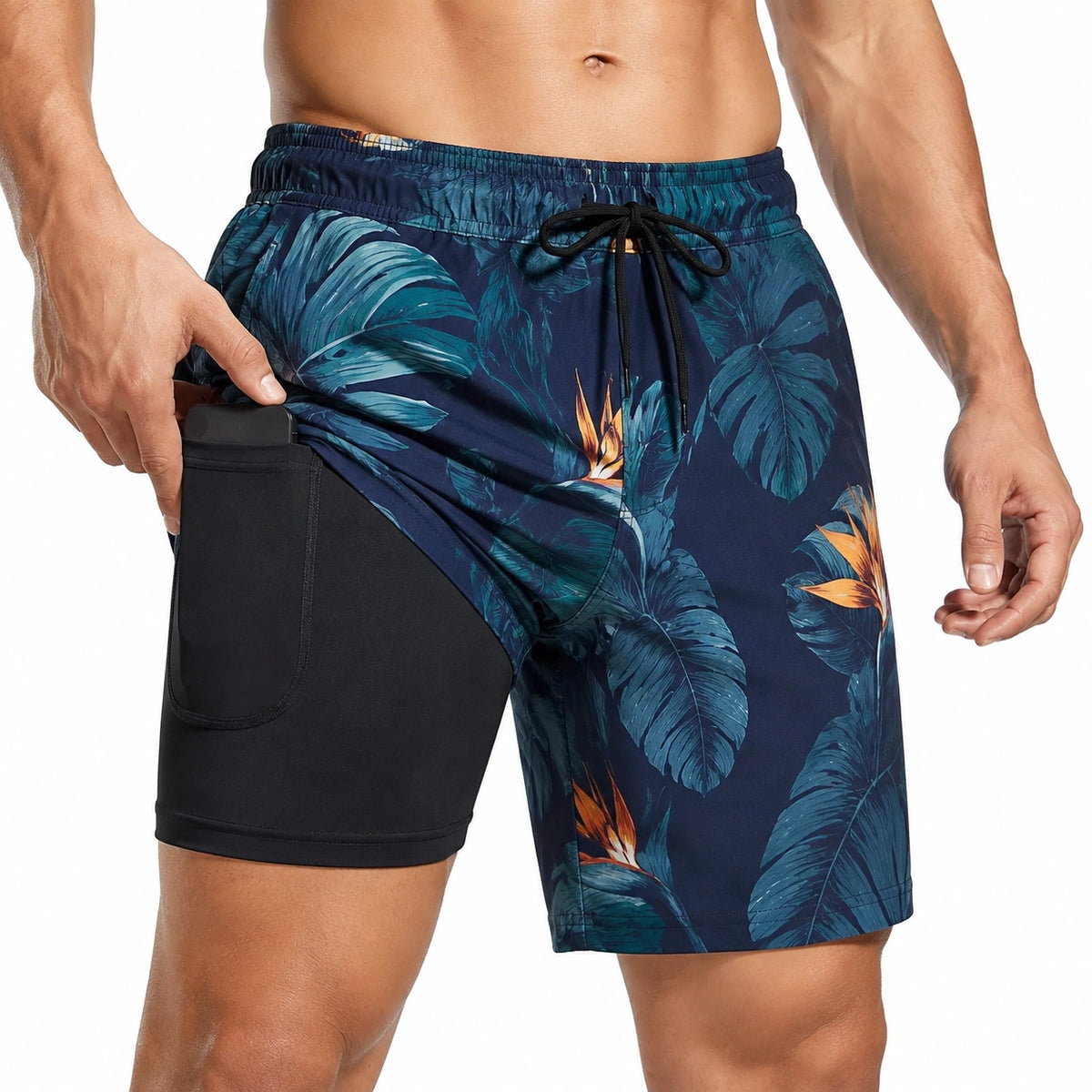 Herren Badeshorts Größe M aus Synthetik mit Blattmuster und Innenshorts