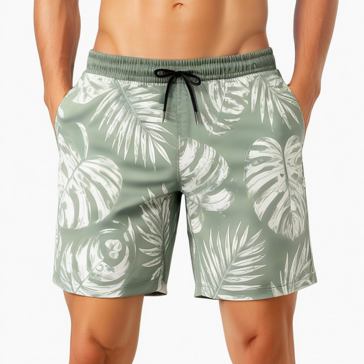 Herren-Badehose XL aus Textil in Salbeigrün mit Blattdruck und Kordelzug
