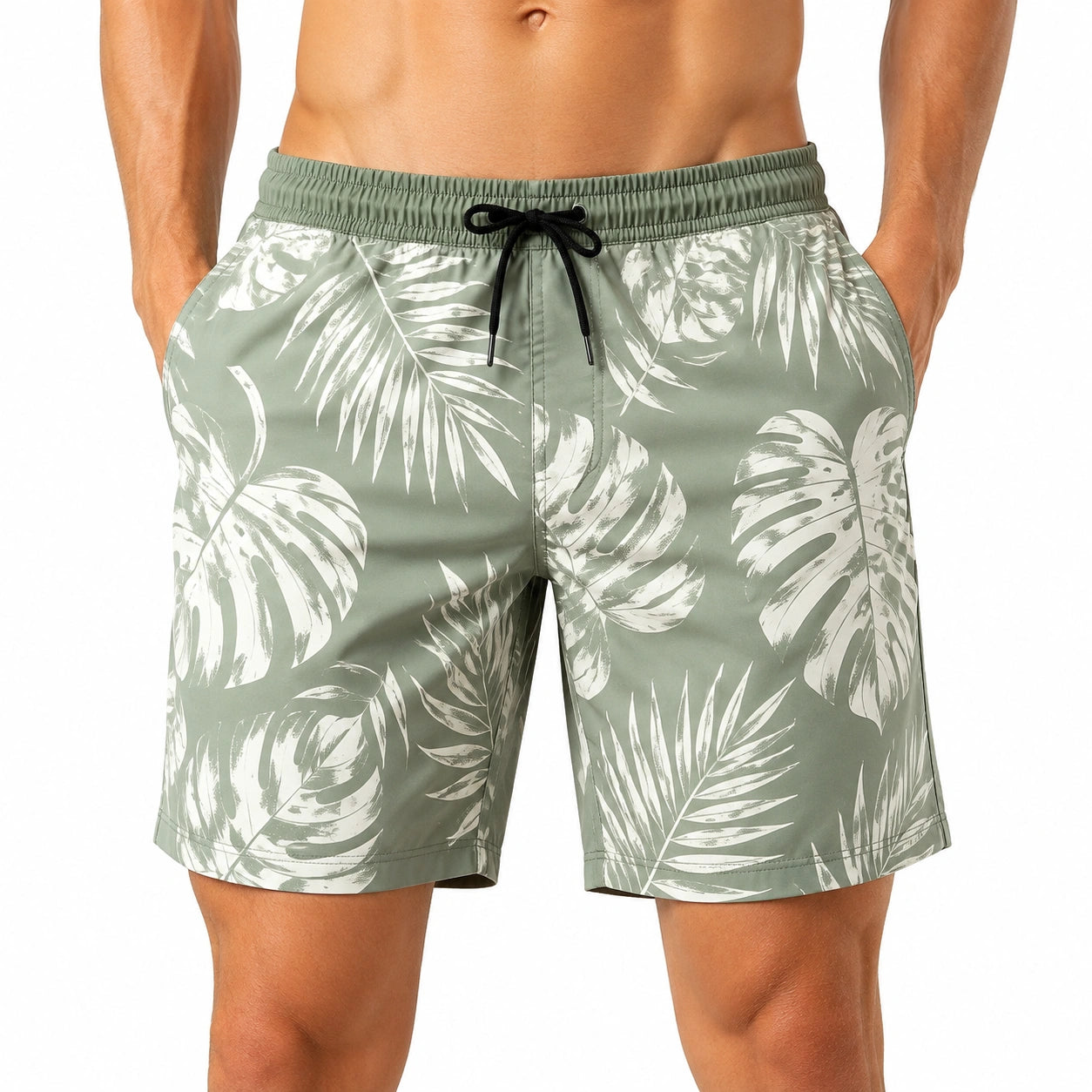 Herren-Badehose XL aus Textil in Salbeigrün mit Blattdruck und Kordelzug