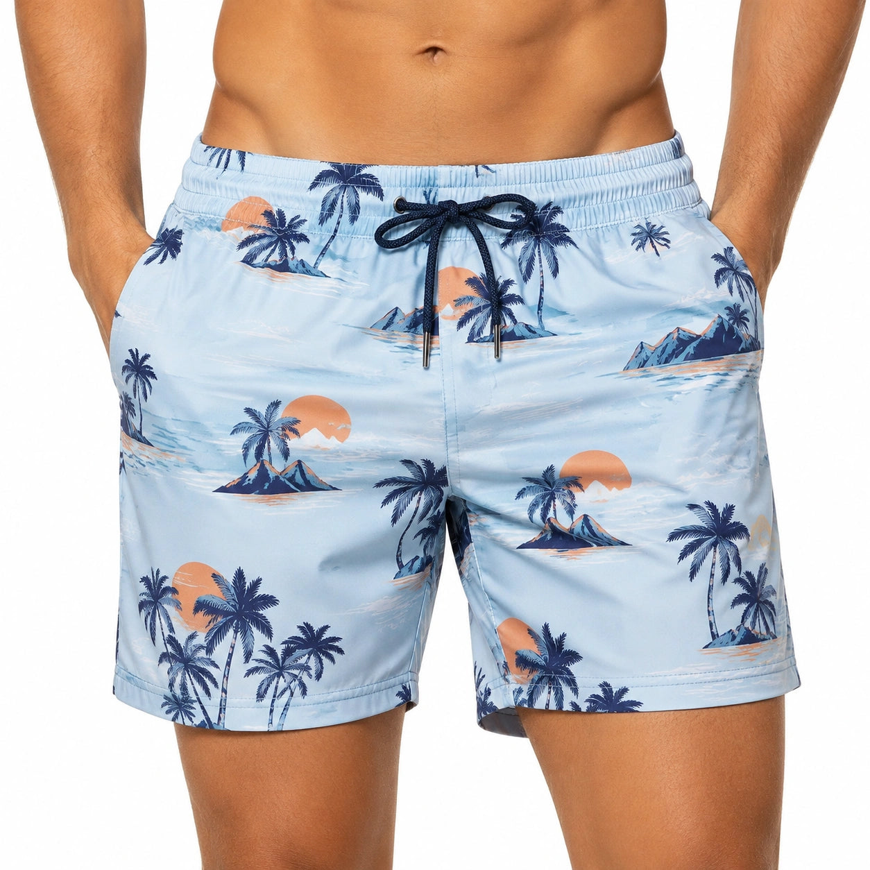 Herren Badeshorts XL aus Synthetik hellblau mit Palmenprint und Kordelzug