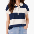 Damen Poloshirt L Dunkelblau Creme Kurzarm Streifenmuster