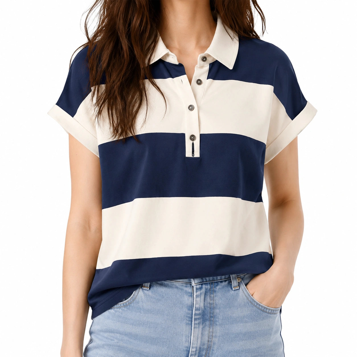 Damen Poloshirt L Dunkelblau Creme Kurzarm Streifenmuster