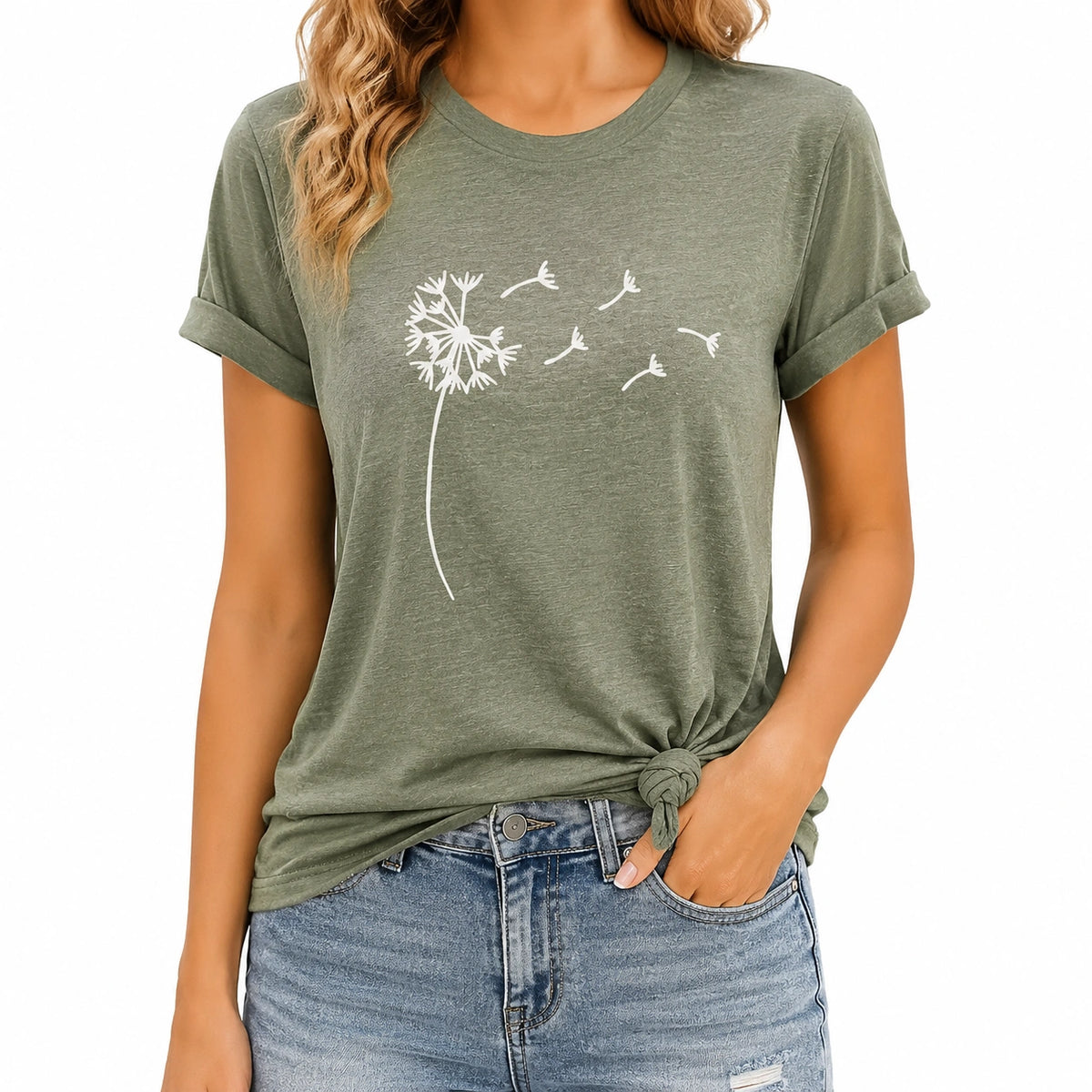Damen T-Shirt Größe S olivgrün mit Löwenzahnprint lässiger Kurzarm
