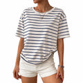 Damen T-Shirt Größe M Weiß Blau gestreift Kurzarm locker