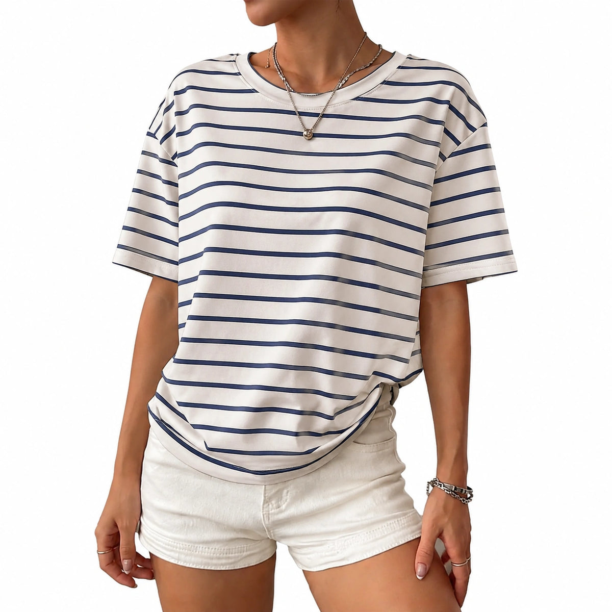 Damen T-Shirt Größe M Weiß Blau gestreift Kurzarm locker