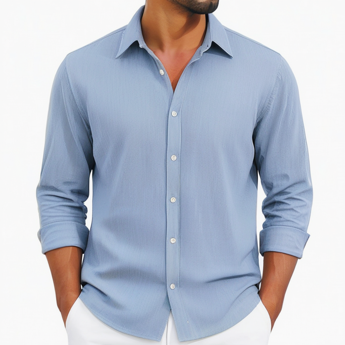 Herrenhemd L Hellblau Langarm mit Knopfleiste Casual