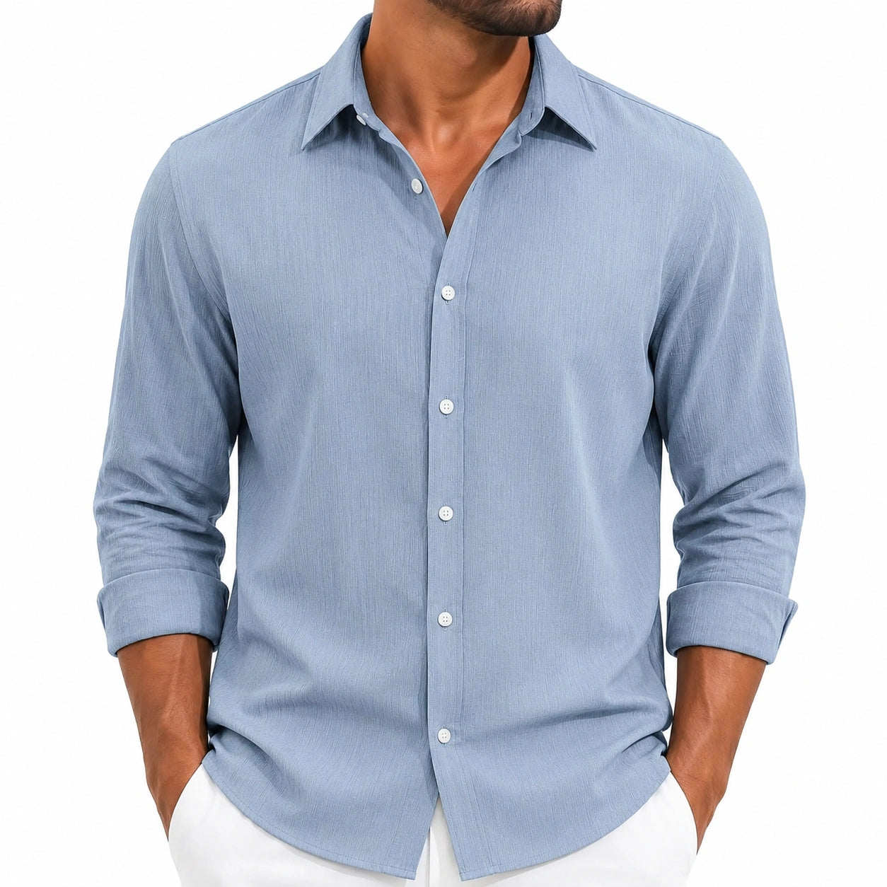 Herrenhemd L Hellblau Langarm mit Knopfleiste Casual
