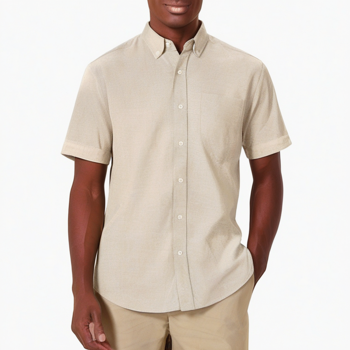 Herren Kurzarmhemd XL aus Leinen Beige mit Button-Down-Kragen