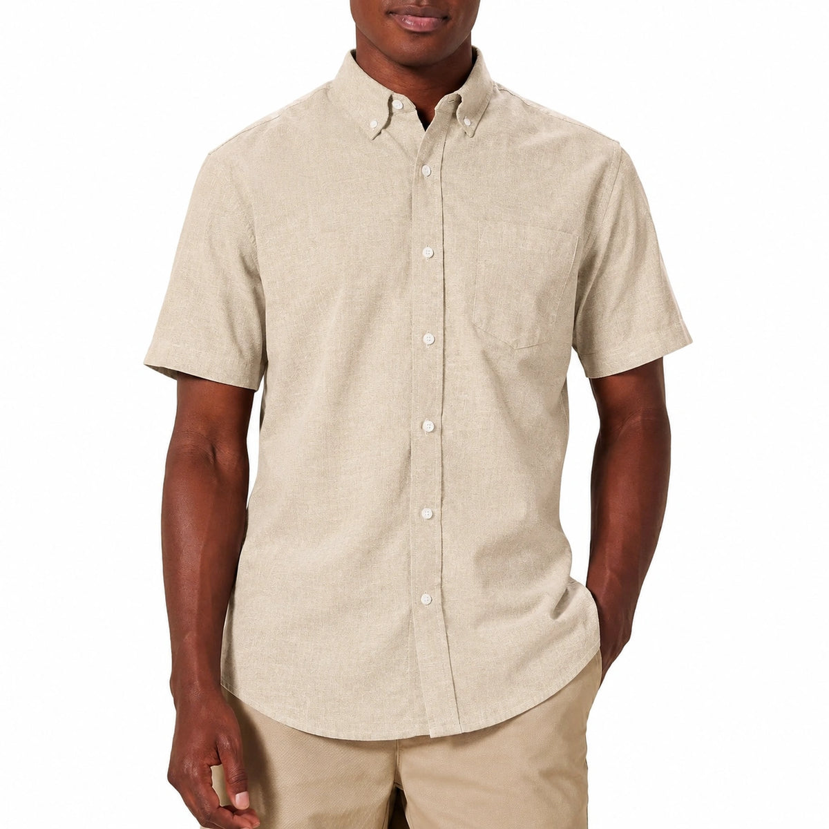 Herren Kurzarmhemd XL aus Leinen Beige mit Button-Down-Kragen