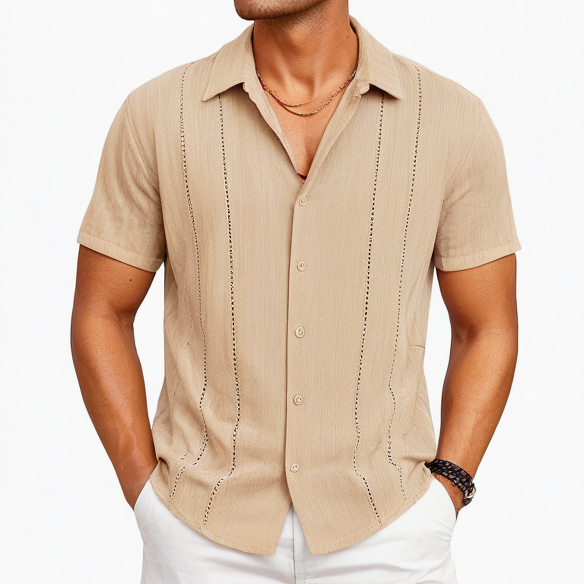 Herren Kurzarmhemd XL Beige aus leichtem Webtextil mit Lochmuster