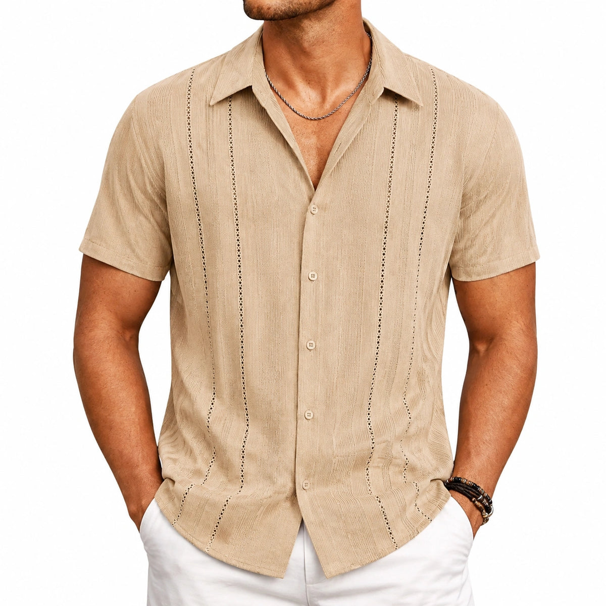 Herren Kurzarmhemd XL Beige aus leichtem Webtextil mit Lochmuster