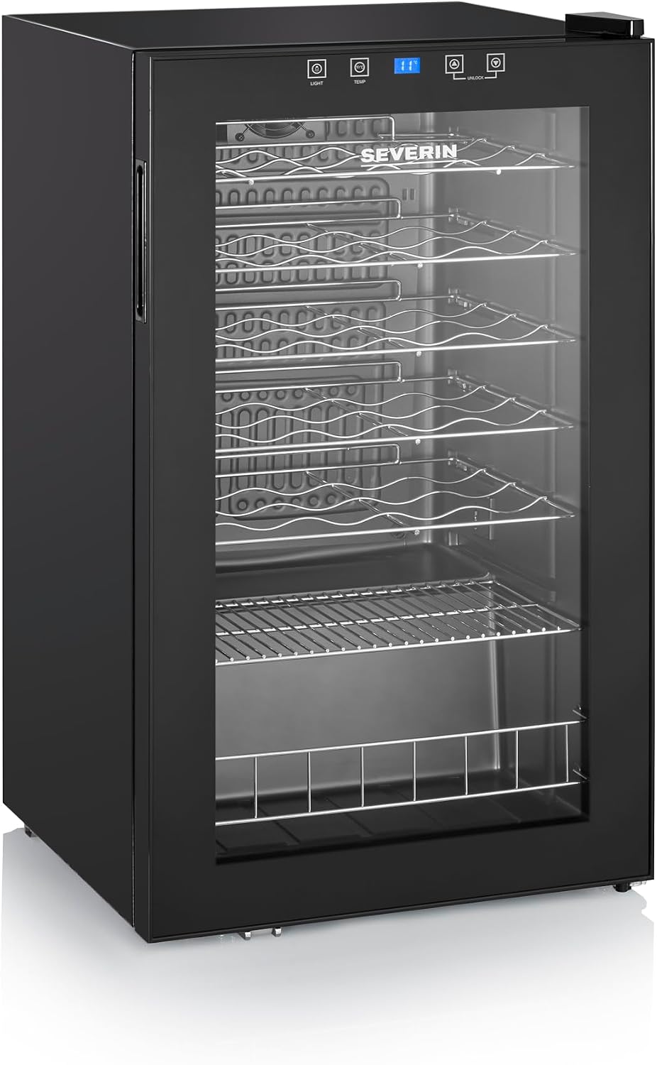 Chłodziarka do wina Severin, 95 l, 85 cm – Czarny, oświetlenie LED, Winiarnia elektryczna, 33 butelki – 5 do 18°C, dotyk
