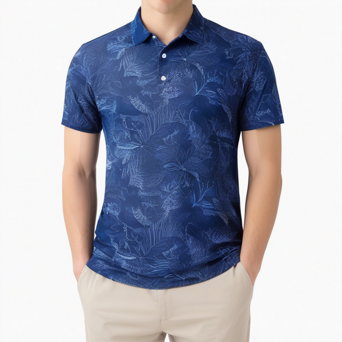 Herren Poloshirt Größe M Blau mit Blattmuster Kurzarm