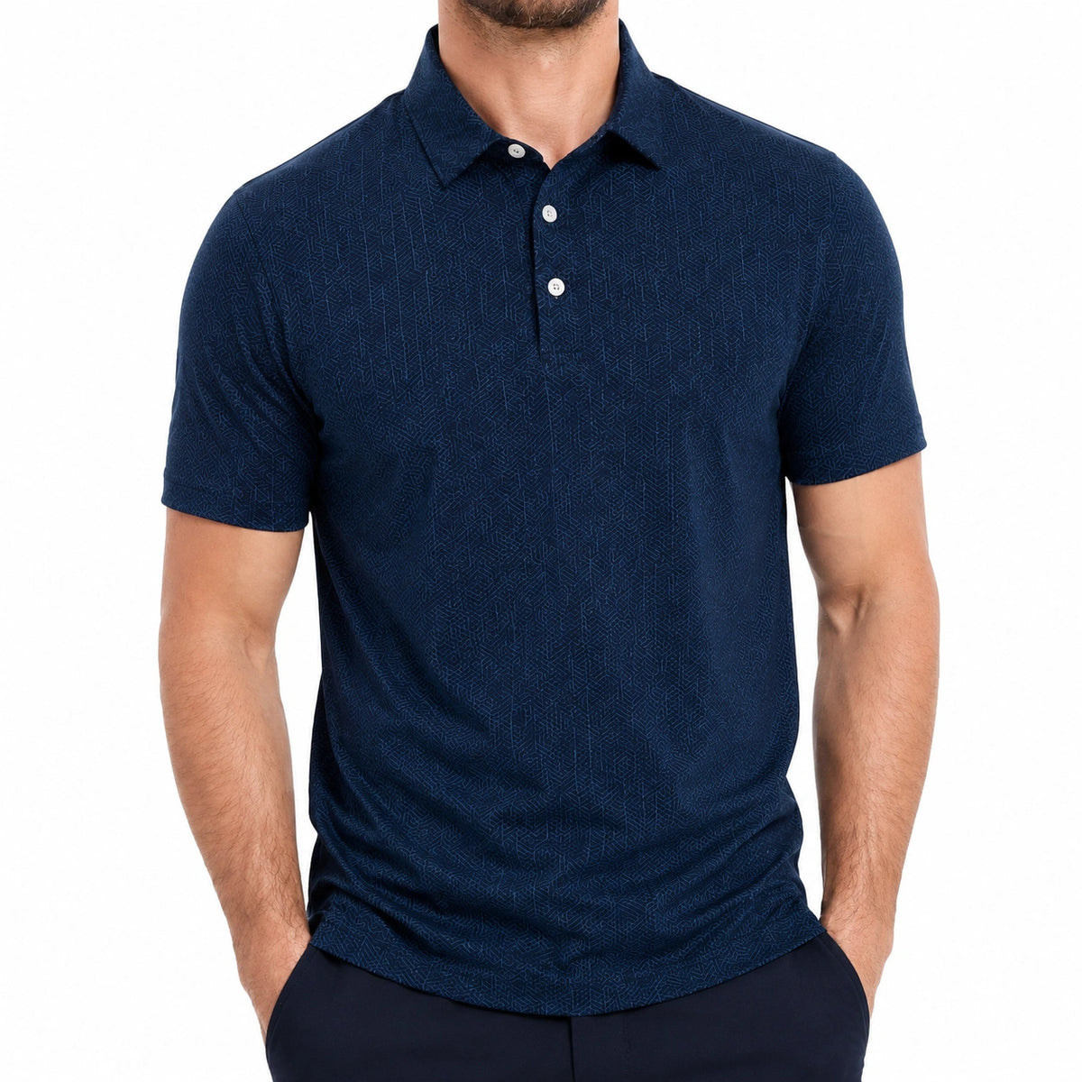 Herren Poloshirt Größe M Dunkelblau Kurzarm mit Allovermuster