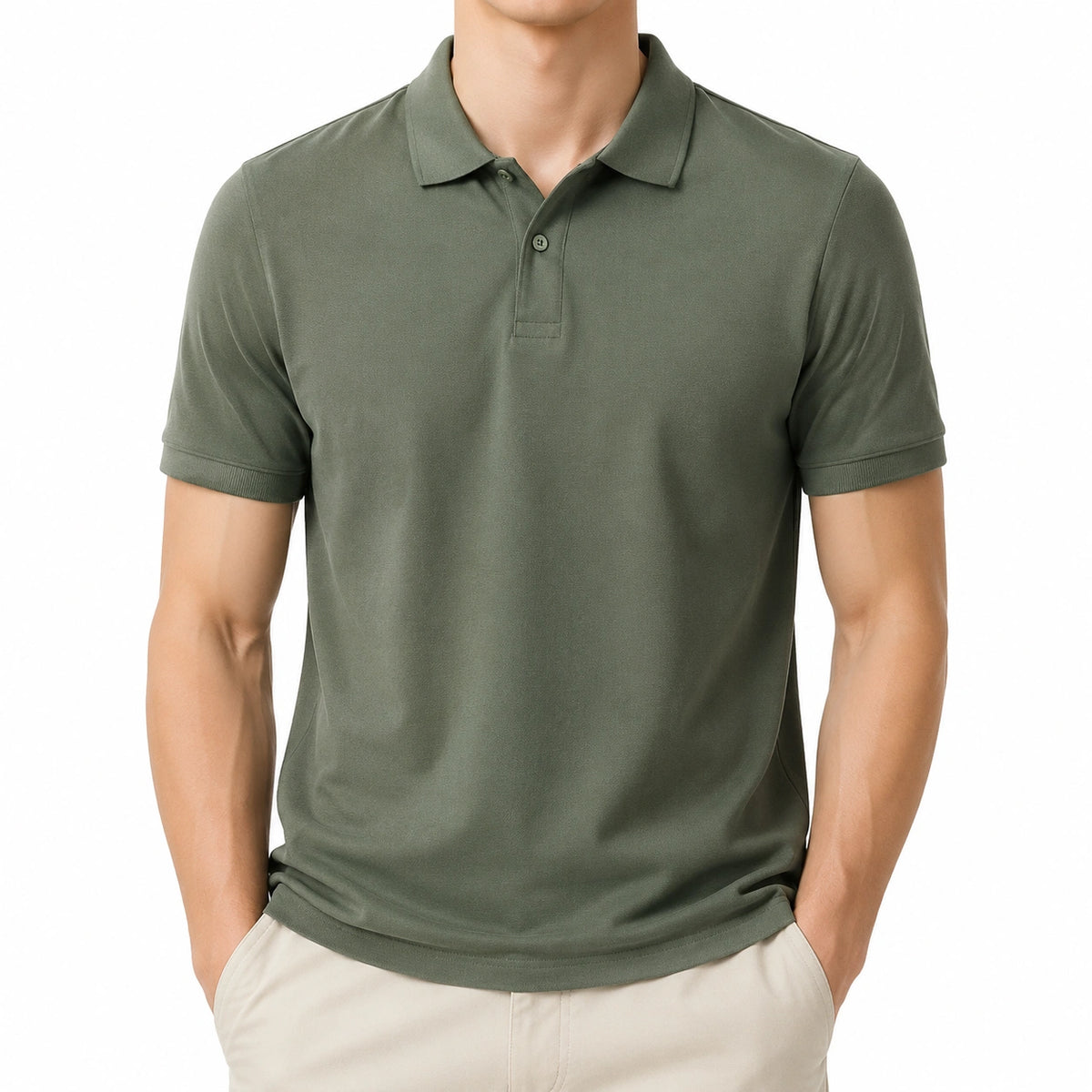 Herren Poloshirt L Olivgrün Kurzarm Freizeit Klassisch