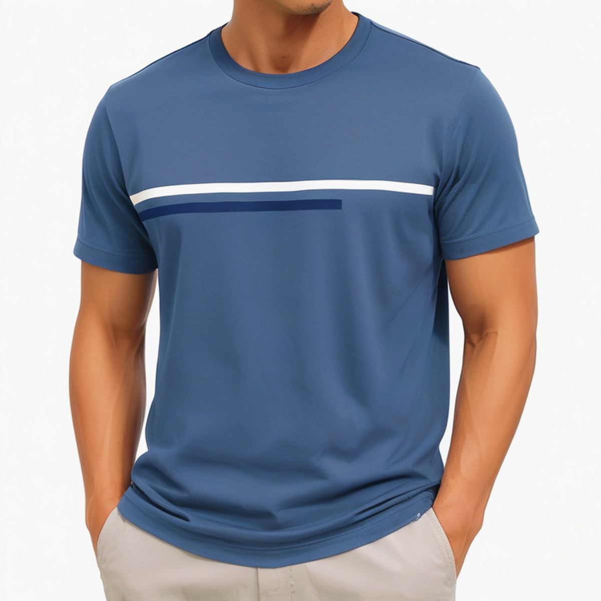 Herren T-Shirt Größe M Blau Kurzarm Streifen Rundhals