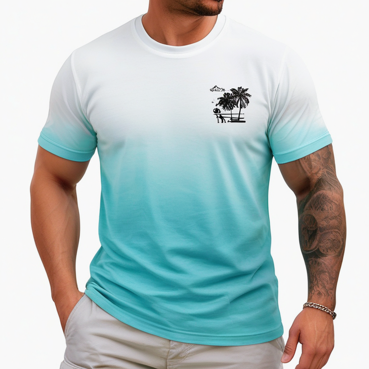 Herren T-Shirt M Textil Weiß Türkis mit Palmenmotiv Rundhals Kurzarm