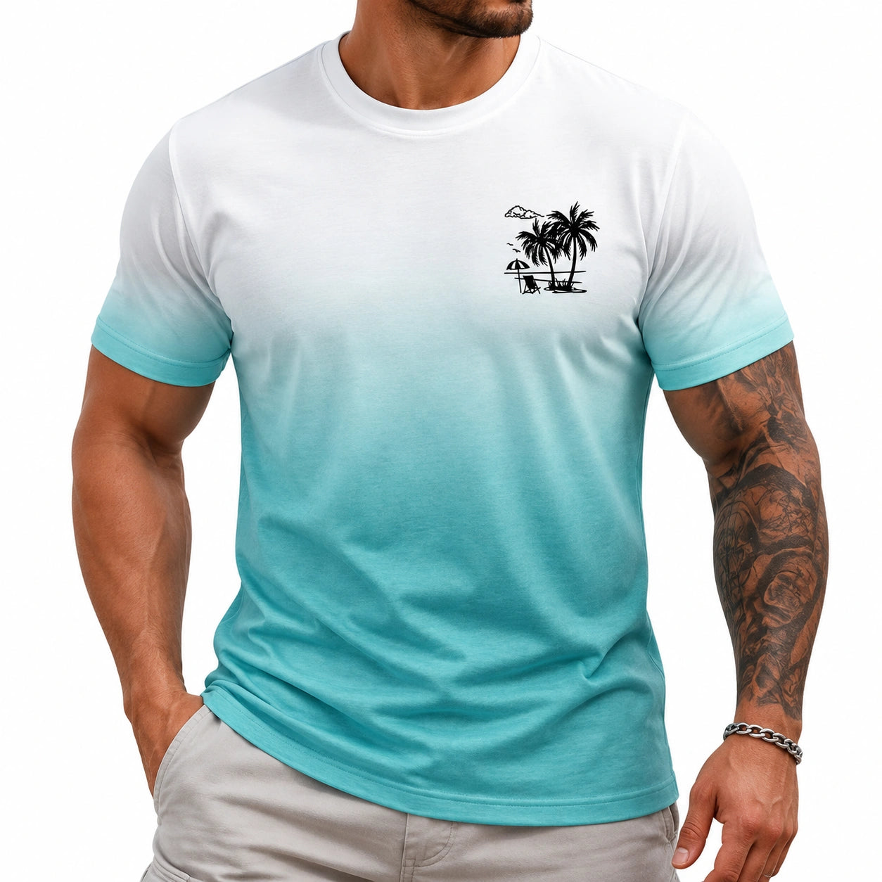 Herren T-Shirt M Textil Weiß Türkis mit Palmenmotiv Rundhals Kurzarm