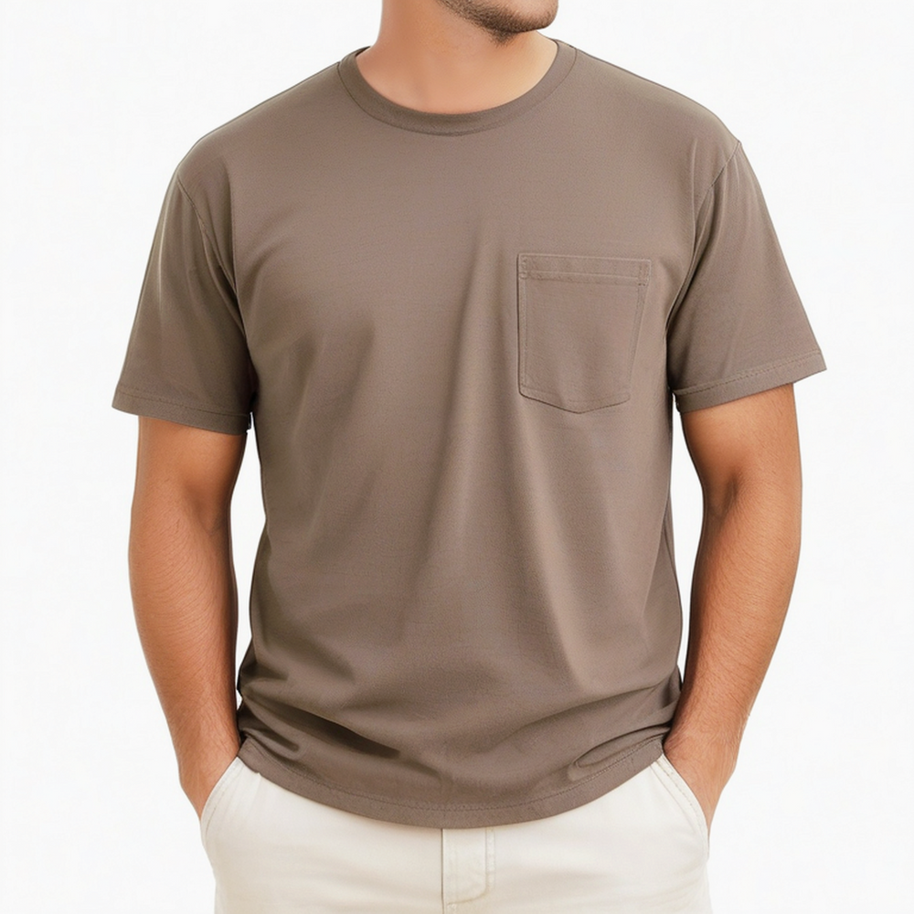 Herren T-Shirt XL Braun mit Brusttasche Rundhals Kurzarm