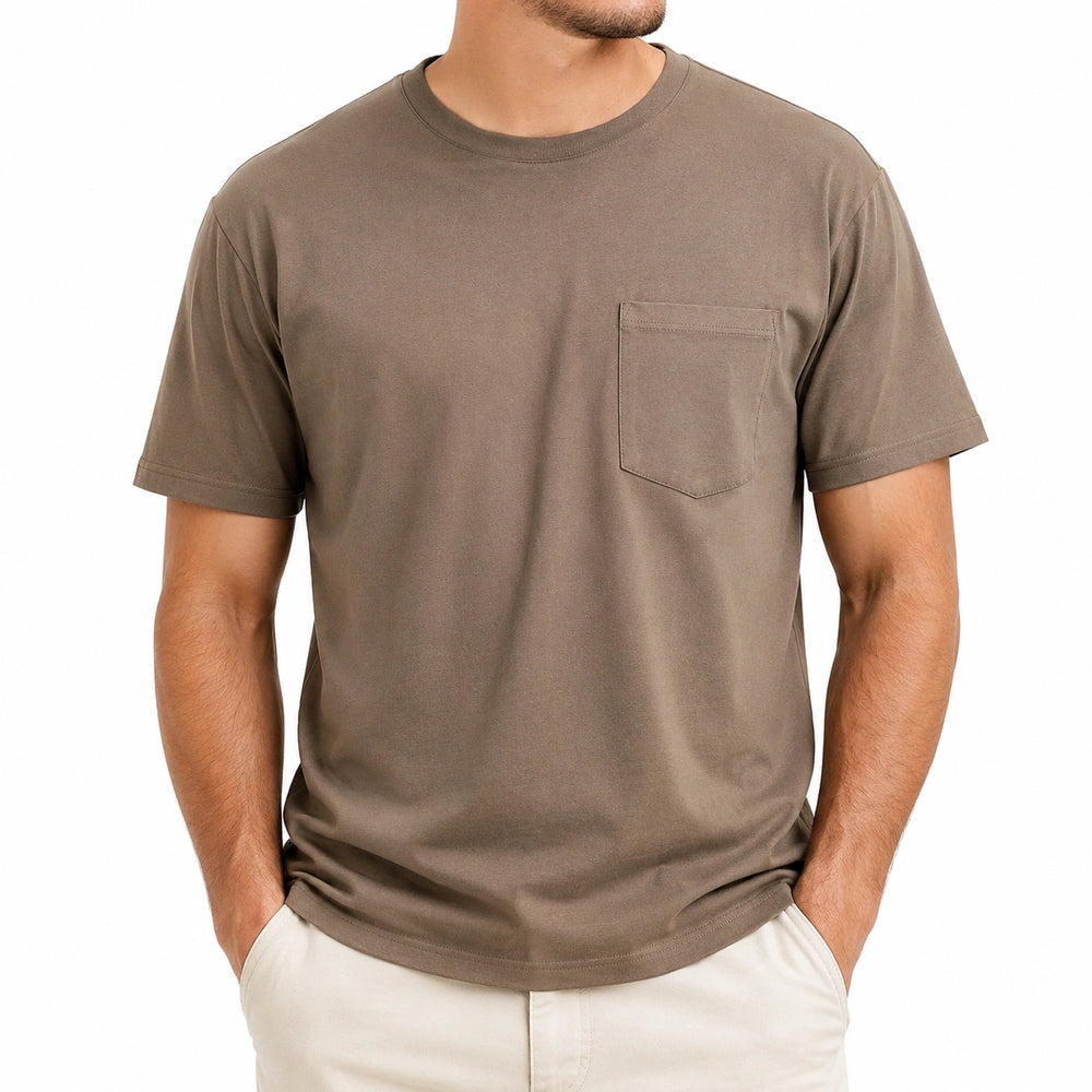 Herren T-Shirt XL Braun mit Brusttasche Rundhals Kurzarm