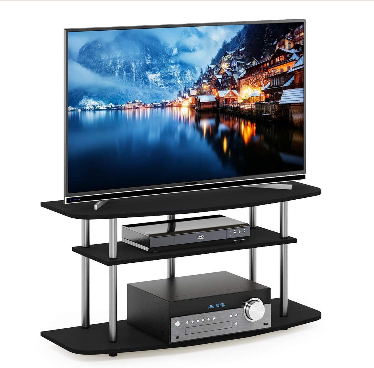 Ławka Furinno, 46 cali, Czarny / Srebrny – stal nierdzewna, Szafa TV, 3 poziomów, dekoracja salonu – czarny