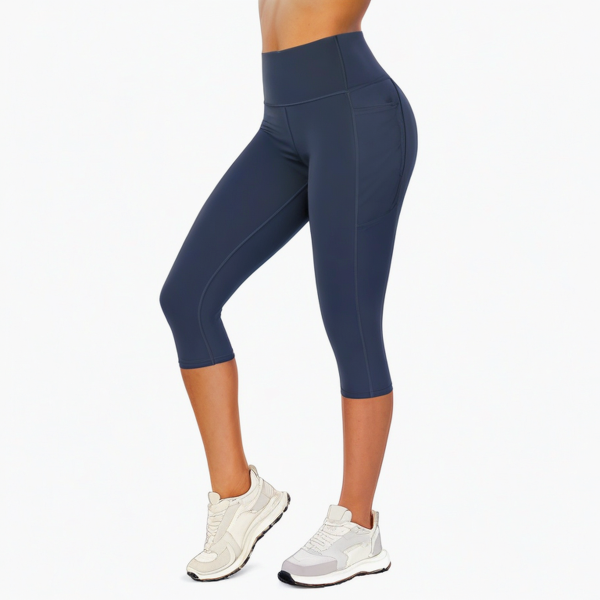 Damen Capri Leggings L aus elastischem Textilgewebe in Dunkelblau mit hohem Bund und Seitentasche
