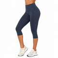 Damen Capri Leggings L aus elastischem Textilgewebe in Dunkelblau mit hohem Bund und Seitentasche