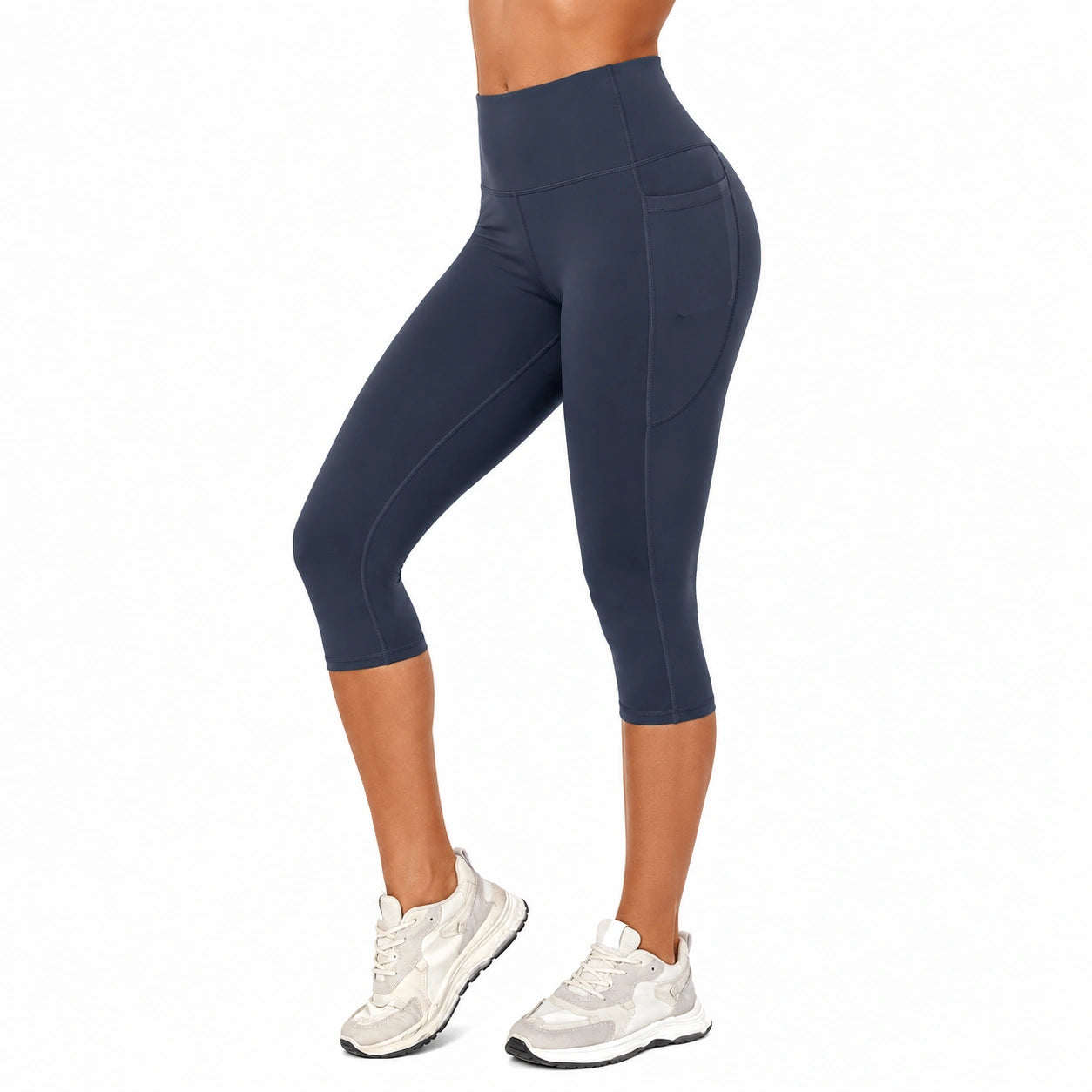 Damen Capri Leggings L aus elastischem Textilgewebe in Dunkelblau mit hohem Bund und Seitentasche