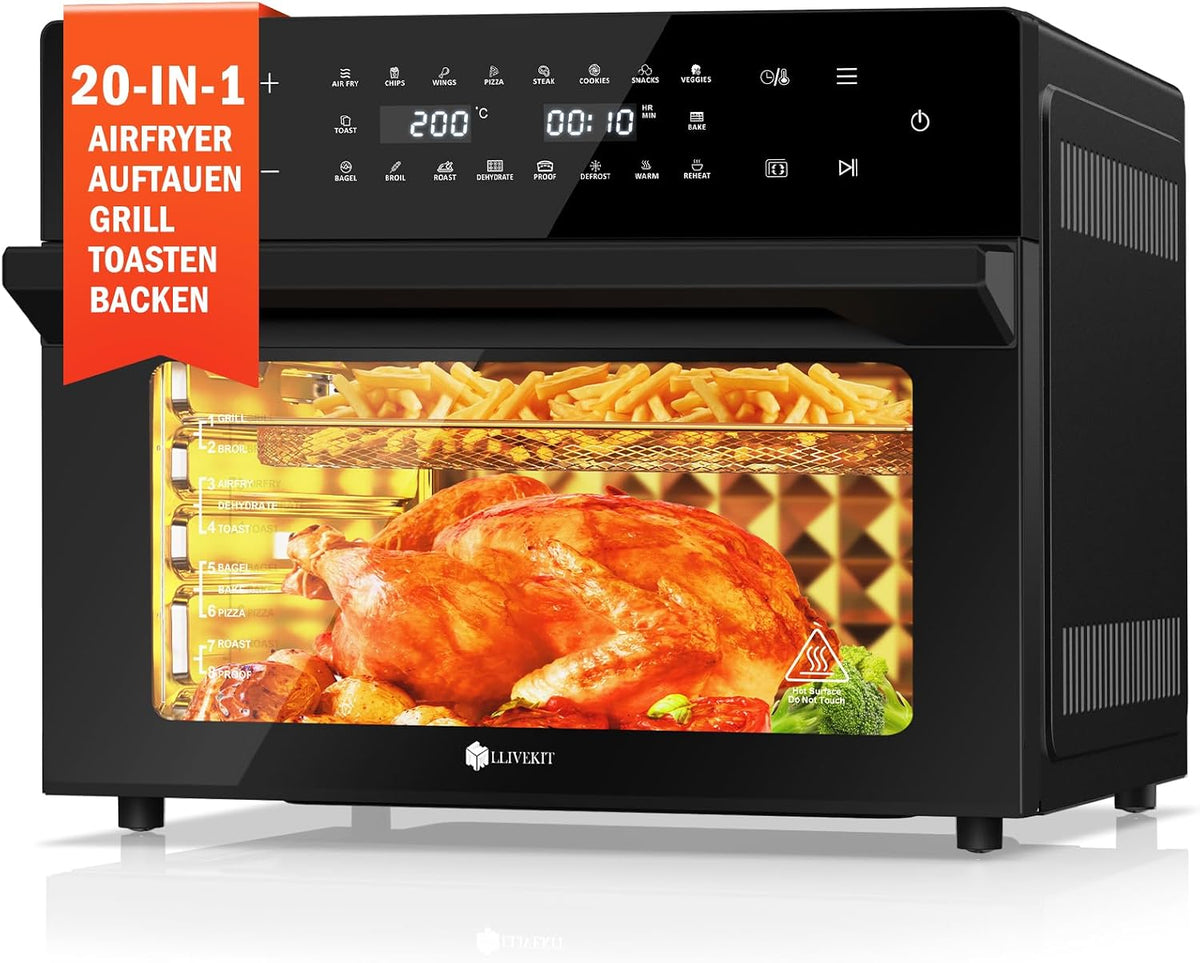 Frytkownica beztłuszczowa LLIVEKIT, air fryer – C-230, 30 l, 33 cm, 3.5 kg – Czarny, 20 programów, 80 do 230°C, dotyk – kompaktowy