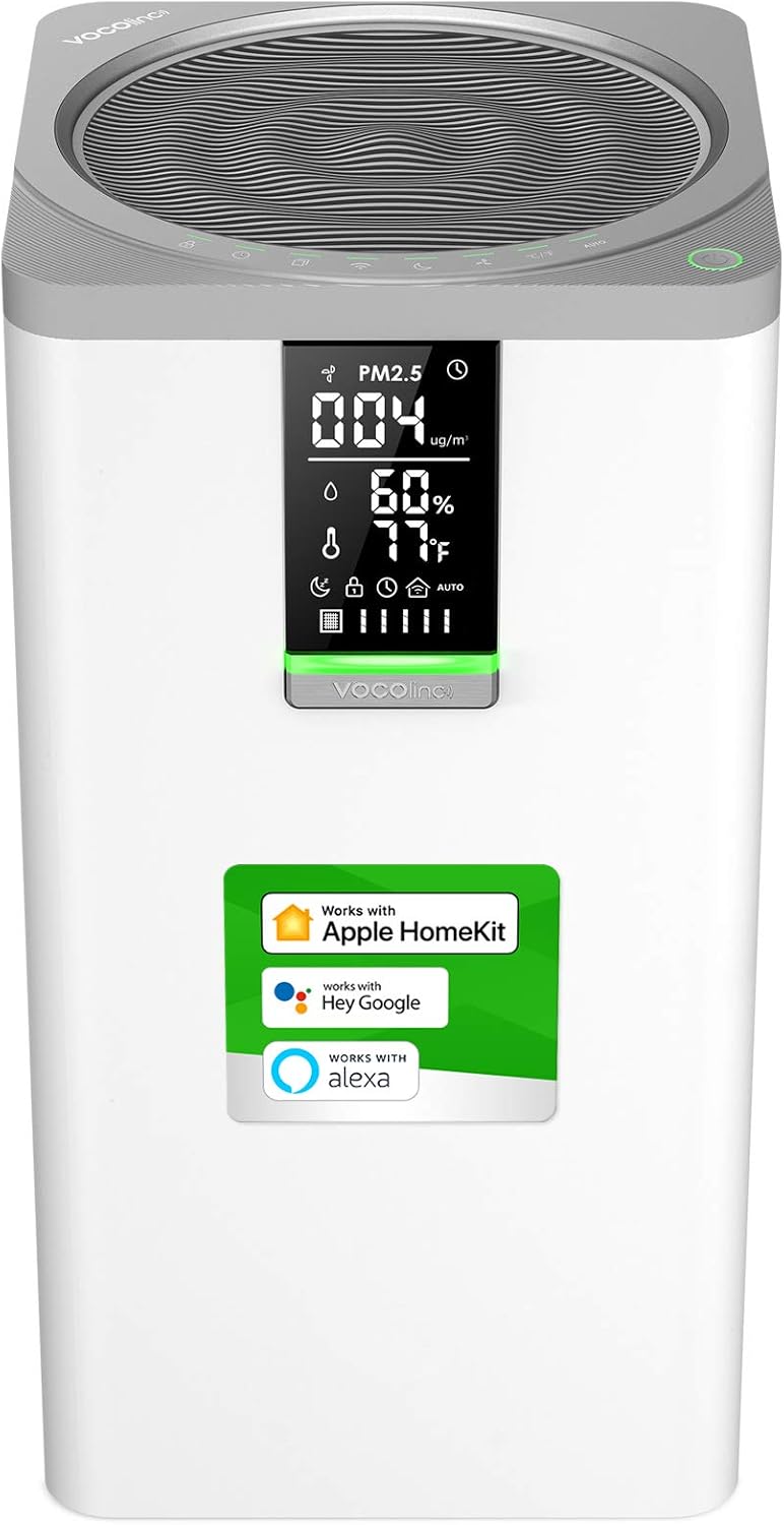 VOCOlinc Oczyszczacz powietrza – 30 dB, 55 W, Biały, oświetlenie LED – Wi-Fi, Google HEPA 645, Asystent Google, Alexa i Siri