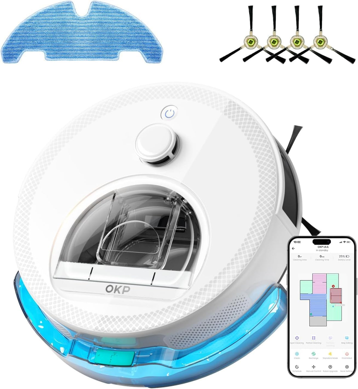 Robot sprzątający OKP, odkurzacz automatyczny, Biały – Bluetooth, Wi-Fi, Odkurzacz, Alexa / App / WiFi – 6000 Pa, 150 Min, unikanie PSD