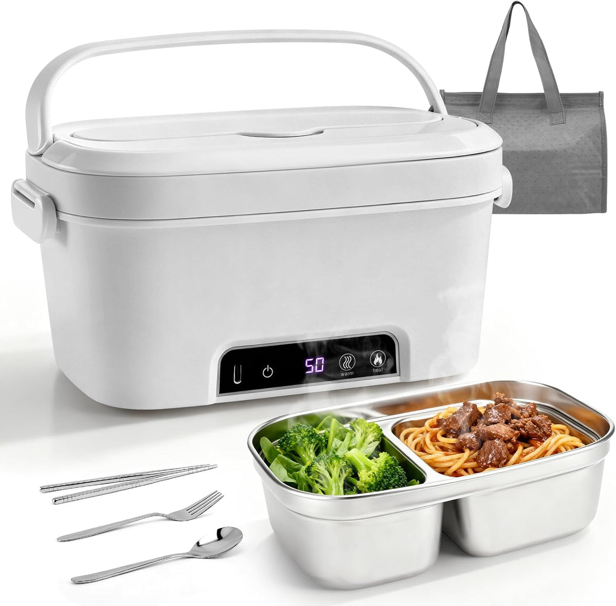Eirolace Pudełka na lunch – 1500 ml, Srebrny, stal nierdzewna, USB – praca bezprzewodowa, 15600 mAh Bateria, funkcje grzewcze, bezprzewodowy