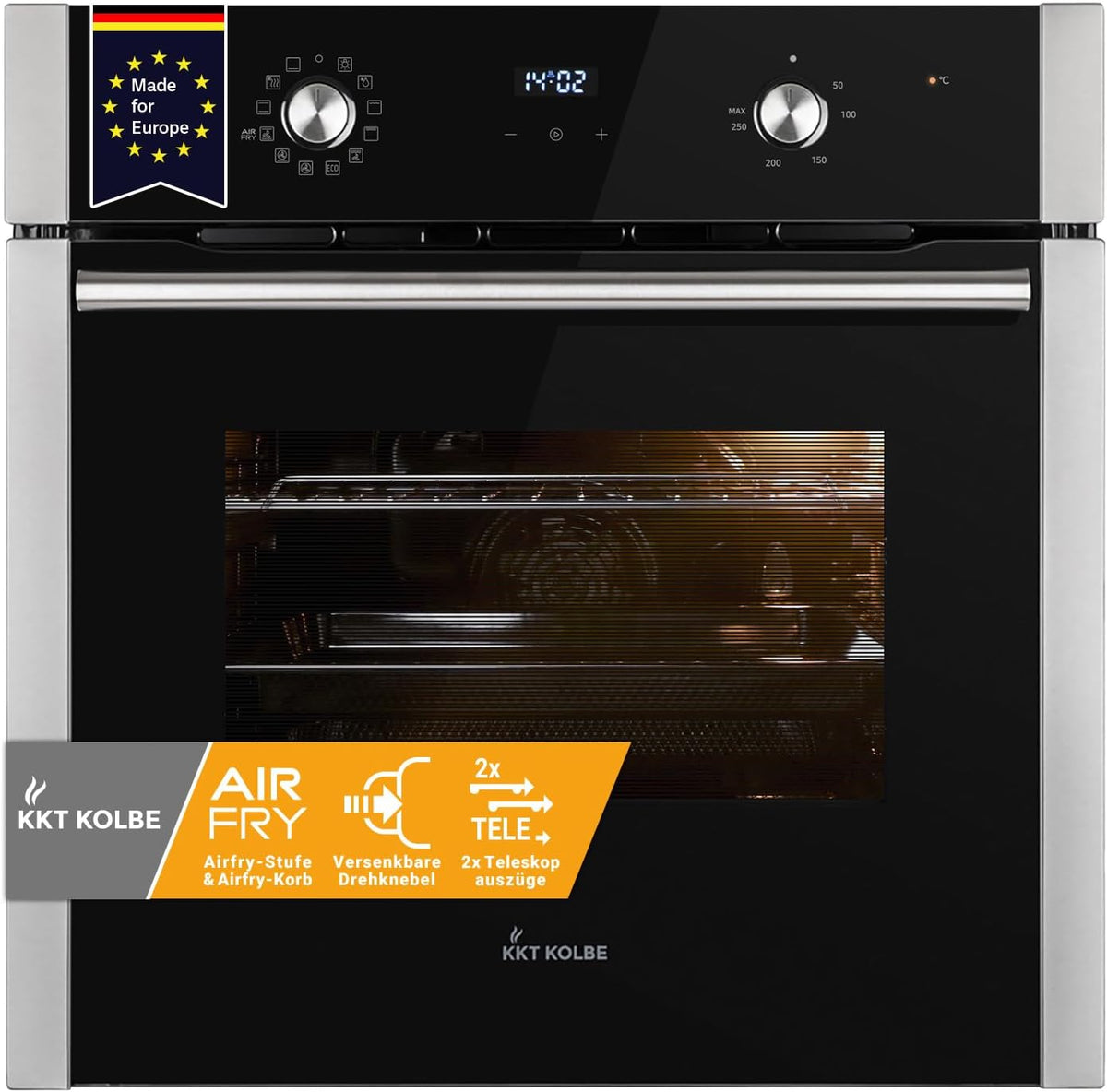 KKT KOLBE Grill, BO8810SS, 60 cm, 70 l – 3 kW, Czarny / Srebrny, oświetlenie LED, piekarnik do zabudowy – Elektryczny piec pizzy BO8810SS, wbudowany