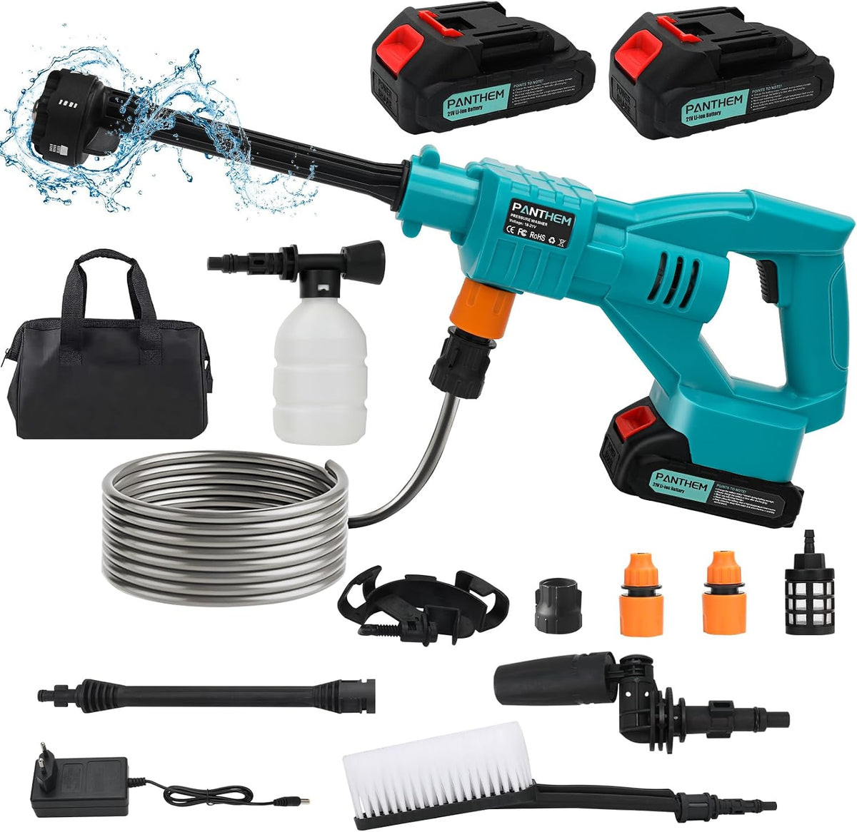 panthem Myjka ciśnieniowa – myjka wysokociśnieniowa, 6 W, 5 M, 18 V – Szary, Wysokie ciśnienie, akumulator przenośne, 6 w 1 dysza – wąż 5M