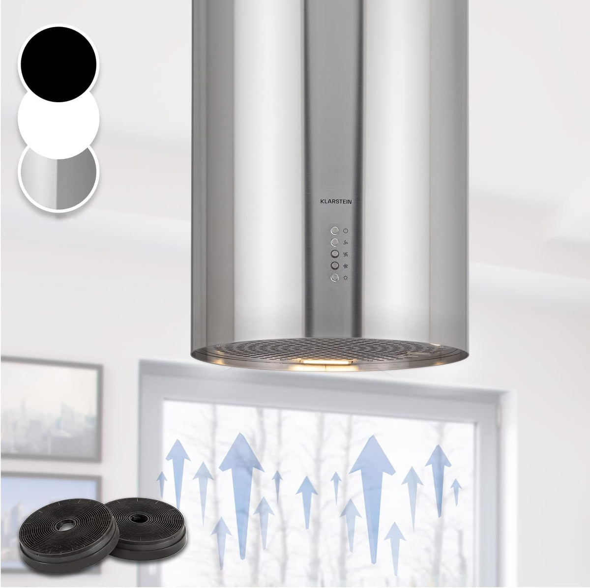 Okap kuchenny KLARSTEIN, Czarny / Srebrny, aluminium, regulowana wysokość – oświetlenie LED, 651 m3 / h, licznik, 3-fazowy kaptur