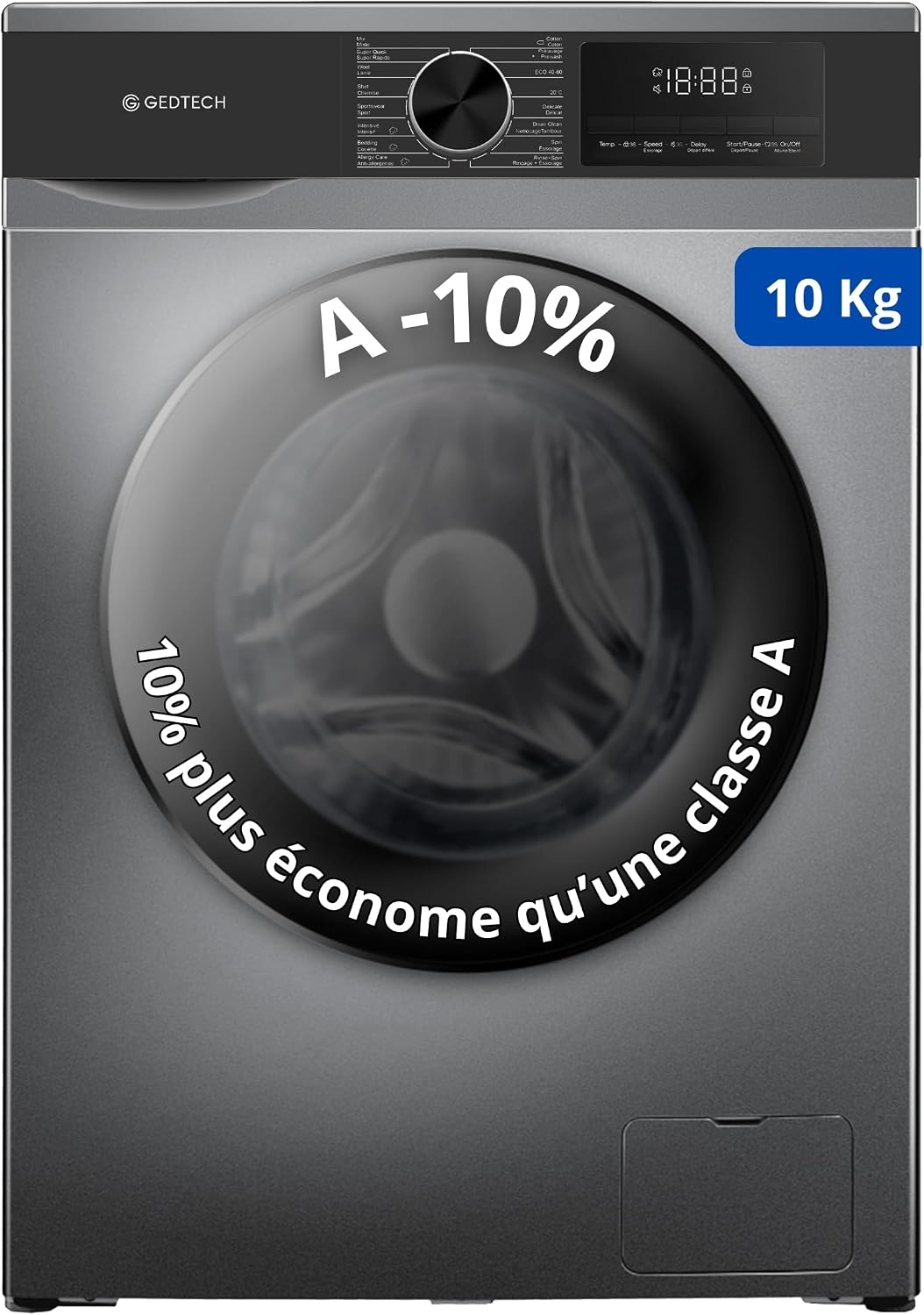 GEDTECH Pralka, GLL101400DG, 1400 obr./min, 10 kg – Szary, oświetlenie LED, 16 programów, bardzo niski A- 10% – 10 kg A-10