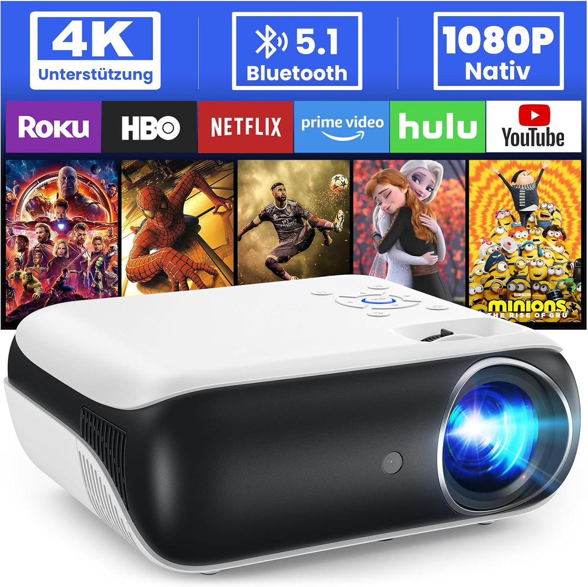 Projektor HOPVISION, 1080P, Biały/Czarny, USB – Bluetooth, praca bezprzewodowa, Full HD 1080P, Bluetooth z Obsługą 4K