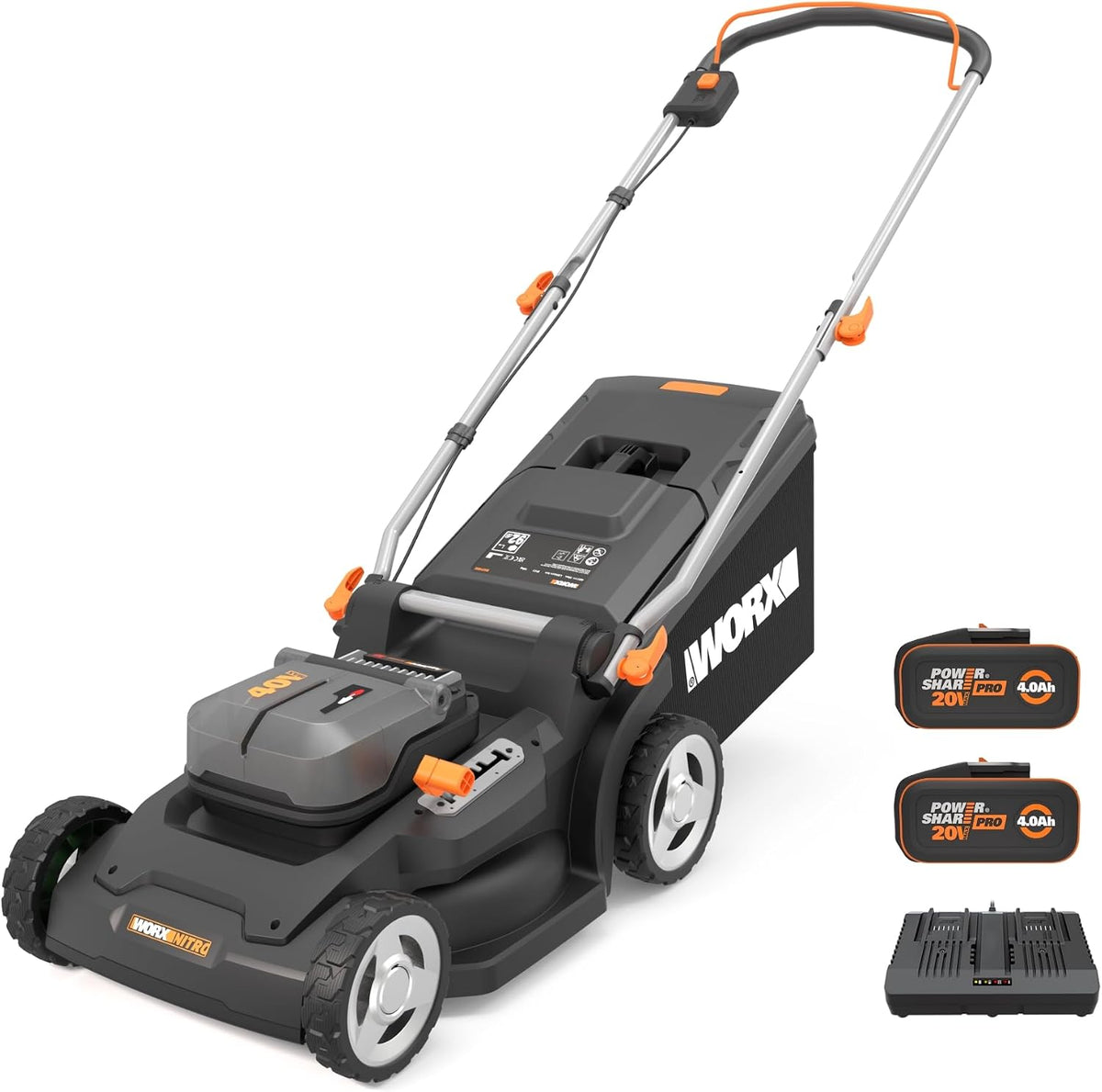 WORX Kosiarki rotacyjne, WG745E, 41 cm – 40 V, 18 kg, Czarny, składana konstrukcja – praca bezprzewodowa, 2 w 1, V 41 WG745E Ładowarka, bezprzewodowy
