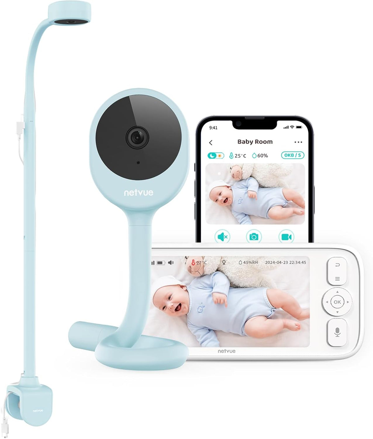 NETVUE Monitory wideo, 1080P, 4 W, Niebieski – Wi-Fi, praca bezprzewodowa, 1080P 5000 mAh Babyphone, Wsparcie – Monitor wideo dla dzieci