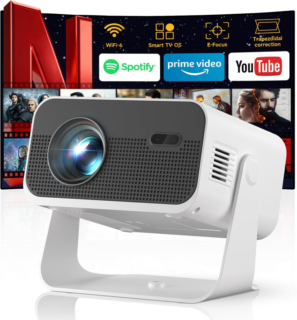 Projektor SCUARI, 2.4 G, Biały/Czarny – USB, Bluetooth, Wi-Fi, praca bezprzewodowa – z WiFi i Bluetooth, domowy inteligentny telewizyjny, wsparcie 4K