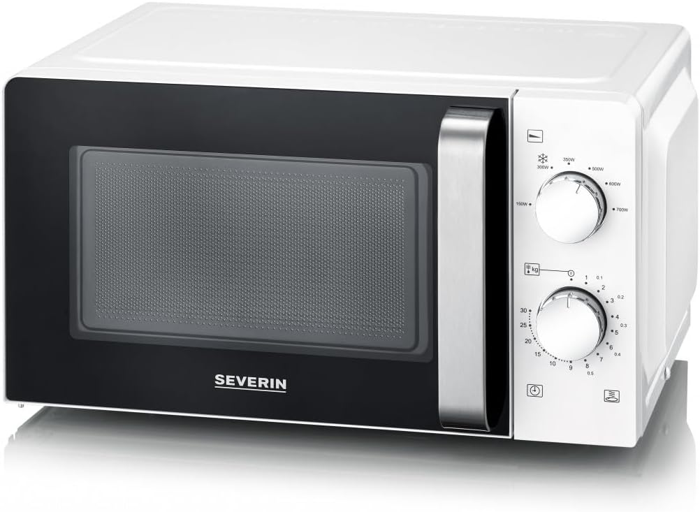 Kuchenka mikrofalowa SEVERIN – 24,5 cm, 700 W, Biały/Czarny, Pojedyncza – Analogowa Do Podgrzewania i Rozmrażania