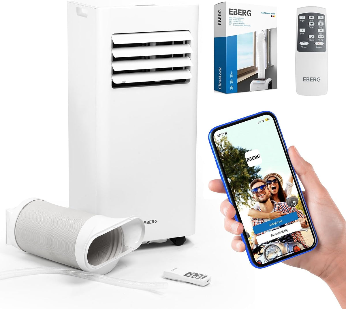 Eberg Klimatyzator przenośny, klimatyzator mobilny, 2,6 kW, 289 x 303 x 693 mm – 9000 BTU, Biały, Wi-Fi, pilot zdalnego sterowania – timer, 3 w 1