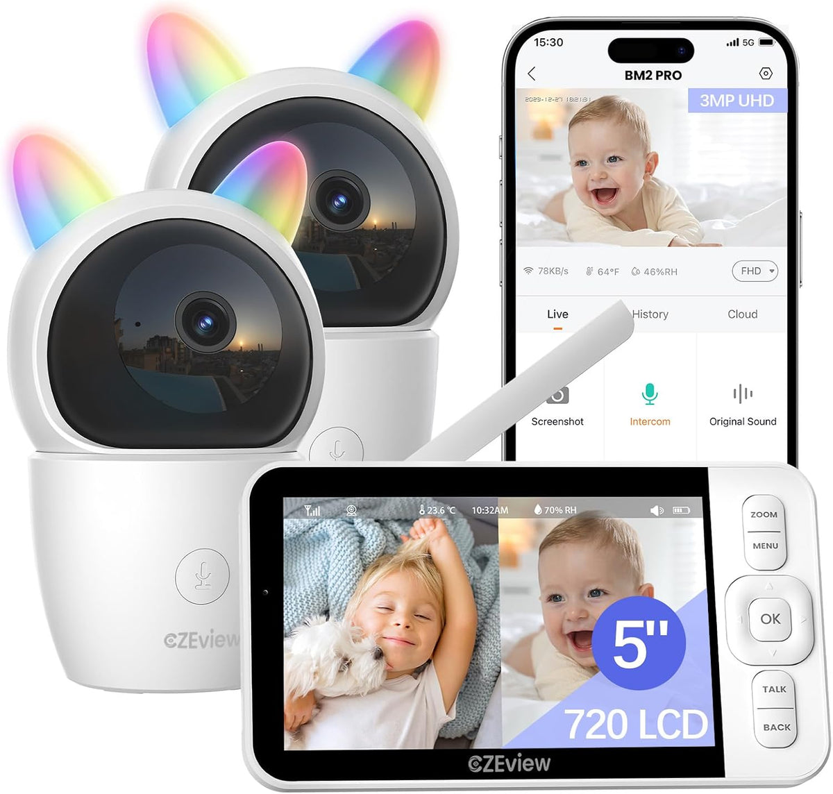 Monitory wideo CZEview, Czarny, PTZ 360 Monitor – 2K Babyphone 2 Baby Camera, wykrywanie i inteligentne alarmy
