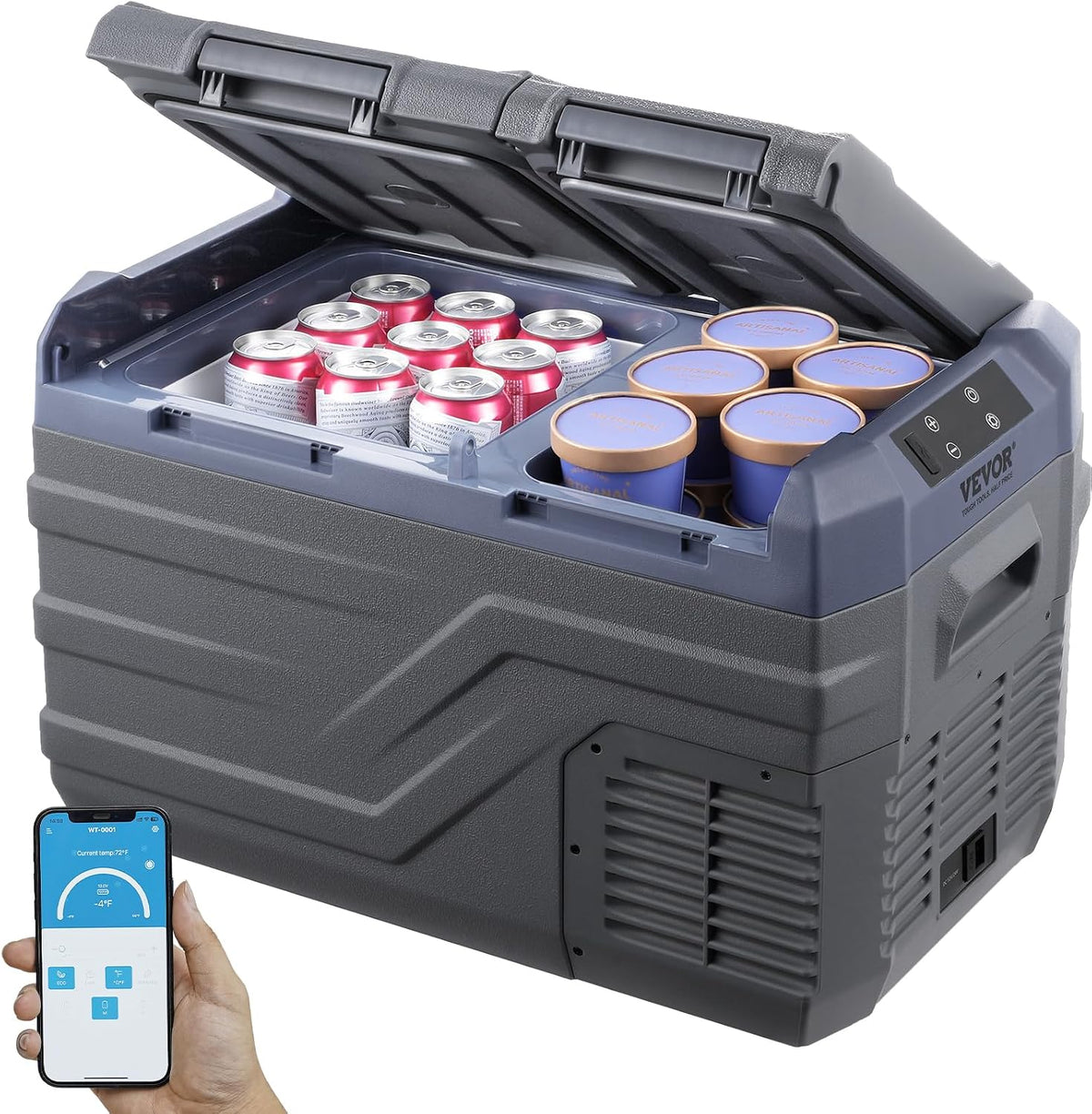VEVOR Lodówka, C-20.0, 12 V, 618 x 376 x 372 mm – 25 l, Ciemnoszary, oświetlenie LED, Bluetooth – kompresor, samochodowa, samochodowa 12 V