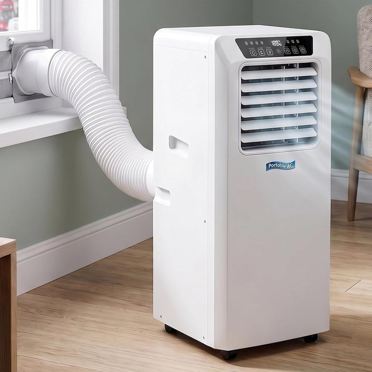 Klimatyzator przenośny QINLIGAO, klimatyzator mobilny – 55 dB, Biały, oświetlenie LED, pilot zdalnego sterowania – poruszające się koła