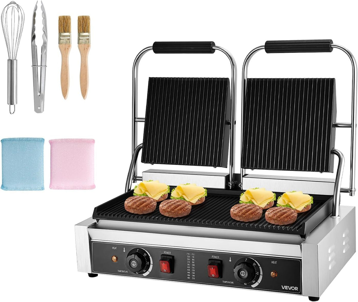 VEVOR Grill, 48.5x23 cm, 3600 W, 23.0 kg – Srebrny, stal nierdzewna, elektryczny, Press – panini i croque- monsieur, 2 strefy temperatur