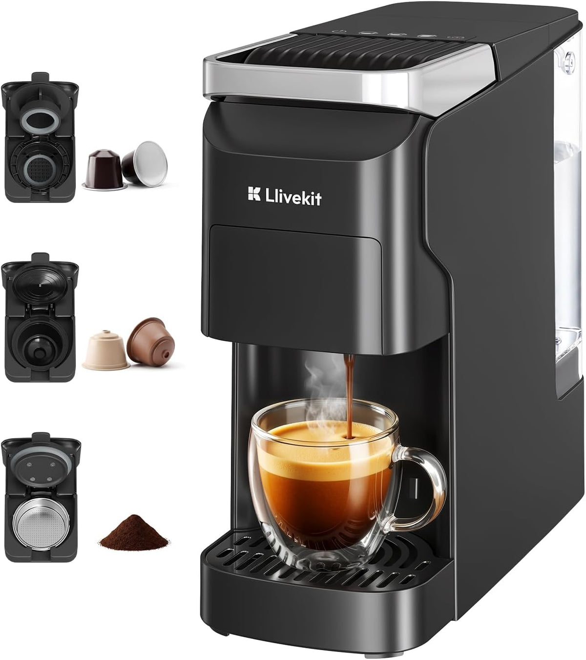 LLIVEKIT Ekspres do kawy – 20 bar, 920 ml, 3 W, Czarny / Srebrny – automatyczne wyłączanie, 3 w 1, Nespresso elektryczny, Duży zbiornik – 20 barów