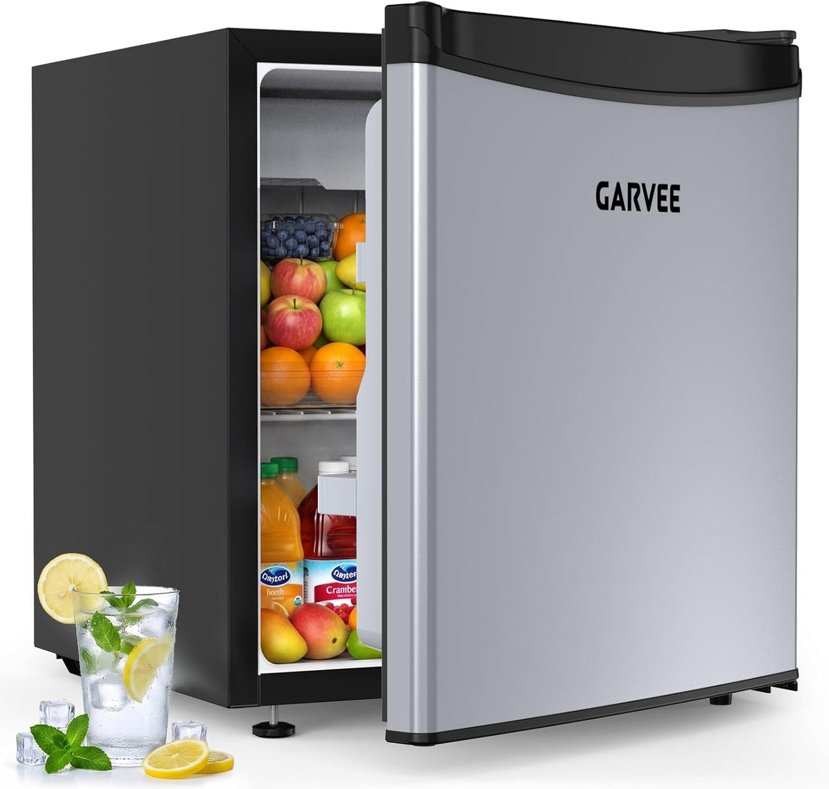Minilodówka GarveeLife, mała lodówka, 45 l, 41 dB – 44,9 x 47 x 50,1 cm, Srebrny, stal nierdzewna, Chłodziarka – 0 do 18°C, tłumik