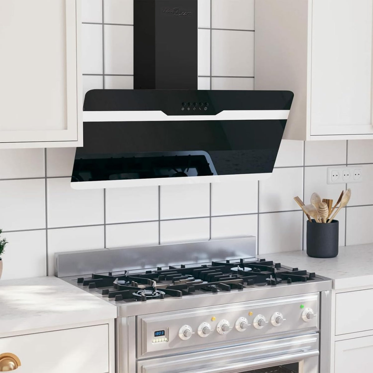 Okap kuchenny Homgoday – 90 cm, 1,5 W, 62 dB, Srebrny / Czarny – aluminium, oświetlenie LED, instalacja ścienna, dekoracja salonu – czarny, biuro